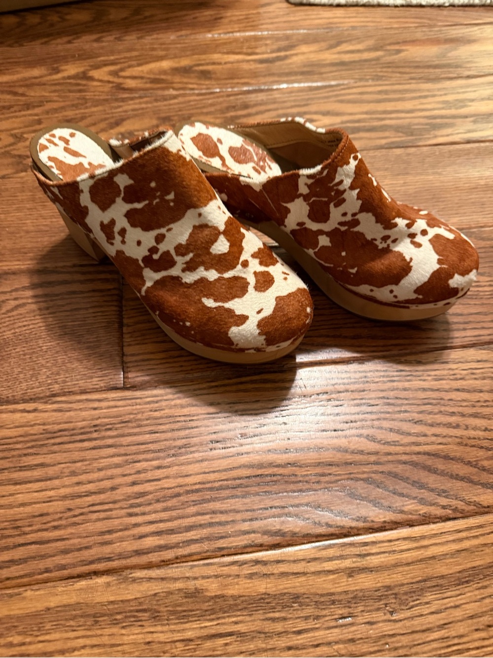 Women's Cowprint Clog Heels in Brown and White